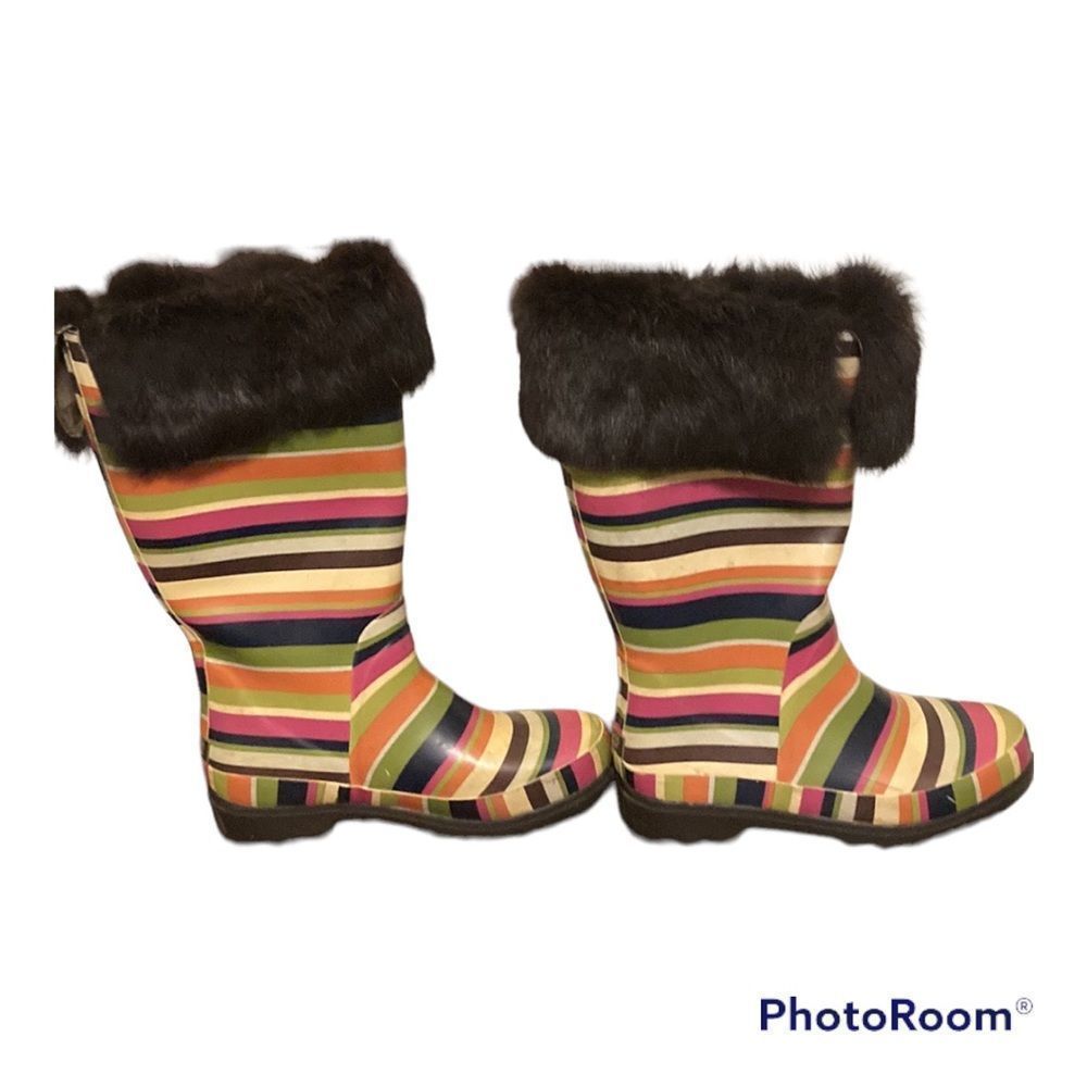 Coach Peony striped rainbow boots with furry top size 7 B. Rubber Rain boots
